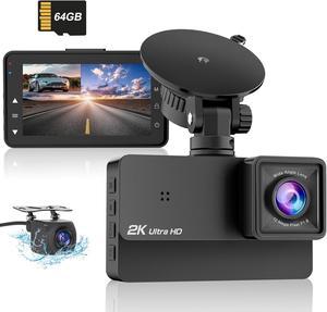 Dash Cam Front and Rear Camera 2K+1080P Car Camera, 3Inch Screen Dash Camera for Cars, Dashcam with Free 64GB Card, Enhanced Night Vision, 170°Wide Angle, G-Sensor, 24H Parking Mode