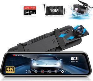 2024 Upgrade 4K Rear View Mirror Camera 2160P UHD 10" Mirror Dash Cam with 64G SD Card Front and Rear Mirror Backup Camera for Car w Adjustable Reverse Line Night Vision 24H Parking Monitor