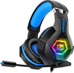 Ozeino Gaming Headset for PS5 PS4 Xbox One Switch PC, Over Ear Gaming Headphones with Noise Cancelling Microphone Volume Control RGB Light, Deep Bass Stereo Sound Headset for Laptop Mac Phone