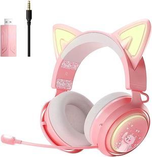 SOMIC GS510Pro Pink Cat Ear Gaming Headset, Bluetooth/2.4GHz Wireless Headset with Retractable Mic, RGB Lights, 7.1 Surround Sound Headphones for PS5, PS4, Laptop, PC, Smartphone