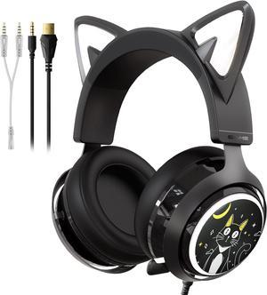 SOMIC GS510 Gaming Headset, Cat Ear Headset PC Gaming Headphones with Retractable Mic Noise Cancelling, 7.1 Stereo Sound, DIY Face Covers for PC, PS4, PS5, Black