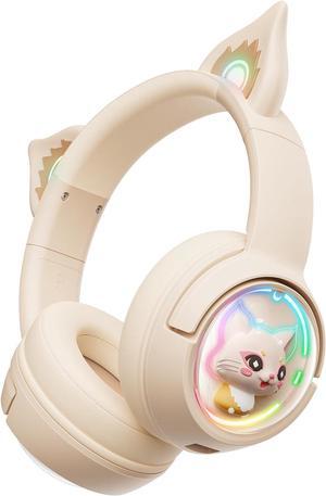 PHNIXGAM Cute Cat Bluetooth Headphones, Wireless & Wired Mode Headset with Mic, RGB LED Light, for Girls Women School Gaming, Compatible with Mobile Phones PC Tablet, Beige