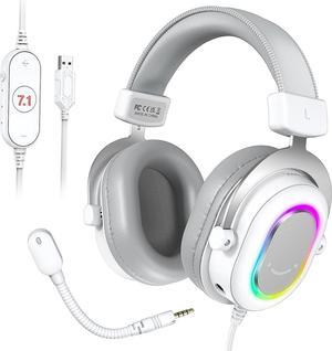 Fifine USB Gaming Headset, PC Headphones Wired with Detachable Microphone, Streaming RGB Headset for PC/Mac/PS4/PS5, 7.1 Surround Sound, Computer Headphones for Game Voice/Video-H6(White)