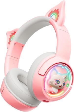 PHNIXGAM Cute Cat Bluetooth Headphones, Wireless & Wired Mode Headset with Mic, RGB LED Light, for Girls Women School Gaming, Compatible with Mobile Phones PC Tablet, Pink