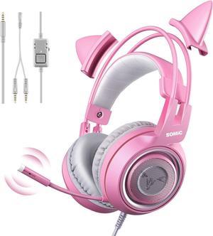 SOMIC G951s Pink Stereo Gaming Headset with Mic for PS4, Xbox One, PC, Mobile Phone, 3.5MM Sound Detachable Cat Ear Headphones Lightweight Self-Adjusting Over Ear Headphones for Women