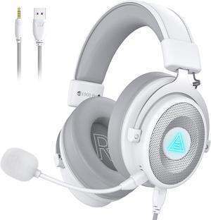 EKSA USB Gaming Headset - PC Headset with Detachable Noise Cancelling Microphone, 7.1 Surround Sound, USB/3.5MM Cable - Headphones with Mic for PC, PS4, PS5, Xbox, Switch, Computer, Laptop - White