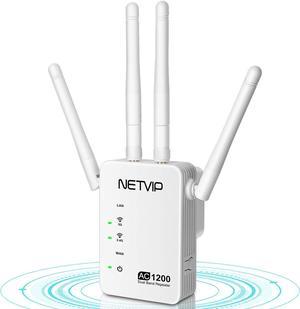 NETVIP AC1200 WiFi Extender- WiFi Booster Long Range Covers up to 2500 Sq.ft, Up to 1900Mbps, Dual Band WiFi Repeater 2.4GHz&5.8GH, Internet Booster, 3 Modes, 4 Antennas-Compatible with All Routers