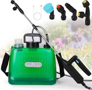 Ramarmro Battery Powered Sprayer 2 Gallon, Electric Sprayer with 4 Mist Nozzles, USB Rechargeable Handle, 32in telescopic Wand, Garden Sprayer with Adjustable Shoulder Strap for Lawn, Garden, Cleaning