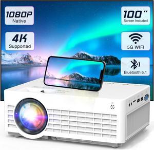 Native 1080P Projector with 5G WiFi and Bluetooth, Outdoor Movie Projector with 100''Screen, 4K Supported Compatible with TV Stick, Video Games, HDMI, USB, Smartphone