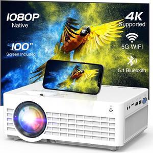 Native 1080P Projector with 5G WiFi and Bluetooth, 15000L Portable Outdoor Movie Projector with 100" Screen, 4K Supported Compatible with TV Stick, Video Games, HDMI, USB, Smartphone