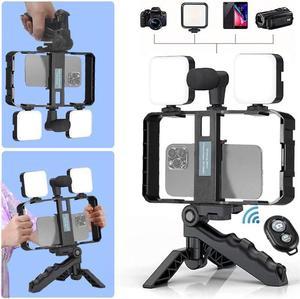 VIC Universal Modular Video Rig Kit for iPhone,Smartphones,Action Cameras-Complete Journalist Kit Remote Control/Tripod/Gun Microphone/ 2*LED Lights