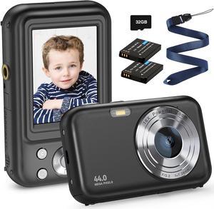 Digital Camera, FHD 1080P Kids Camera 44MP Point and Shoot Camera 16X Zoom Compact Small Photography Camera for Kids with 32G Card & 2 Batteries Portable Camera Gift for Boys Girls Teens (Black)