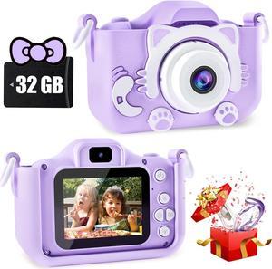 CIMELR Kids Camera Toys for 3-12 Year Old Boys/Girls, Kids Digital Camera for Toddler with Video, Christmas Birthday Festival Gifts for Kids, Selfie Camera for Kids, 32GB TF Card (Purple-Cat)