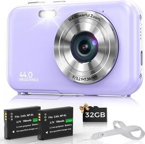 Digital Camera, Bofypoo FHD 1080P 44MP Kids Camera with 32GB Card, 16X Zoom Vlogging Camera, Point and Shoot Digital Camera Compact Camera for Teens,Beginners (Purple)