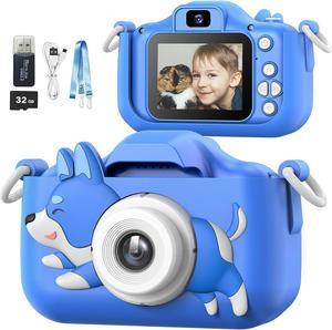 Mgaolo Children's Camera Toys for 3-12 Years Old Kids Boys Girls,HD Digital Video Camera with Protective Silicone Cover,Christmas Birthday Gifts with 32GB SD Card (Dog Blue)