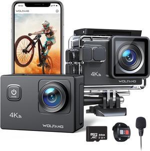 WOLFANG Action Camera GA100 with 64GB microSDXC Memory Card 4K 30FPS 20MP Underwater Camera Waterproof 40M, WiFi Vediocamera with Dual Mic, 170° Wide Angle, EIS Anti-Shake, Various Accessories