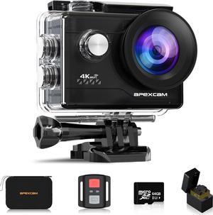 Apexcam 4K WiFi Action Camera with 64GB Memory Card Waterproof Underwater Camera 40M Sport Camera 2.0'LCD 170 ° Wide-Angle 2.4G Remote Control 2X1050mAh Batteries and Multiple accessorie