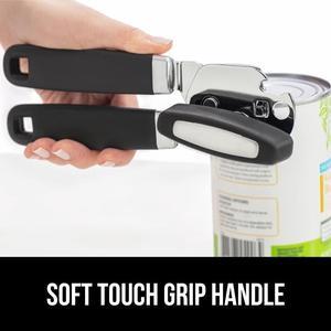 Gorilla Grip Heavy Duty Handheld Manual Can Opener, Stainless Steel Bottle Lid Openers, Easily Open Cans, Sharp Blade Smooth Edge Cut, Easy Turn Knob for Senior Arthritis Hands, Kitchen Gadgets, Black