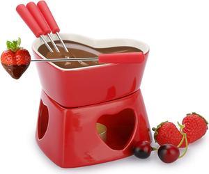 JuxYes 320ml Red Ceramic Chocolate Fondue Heart Shaped Pot Butter Warmer Bowl Set with 4 Dipping Forks Cheese Butter Chocolate Serving Fondue Pot Set Family Melting Hot Pot
