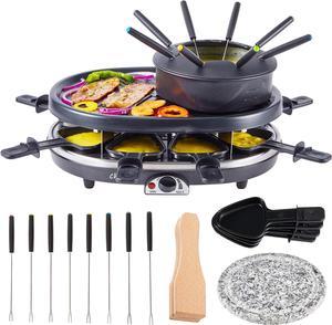 CHENDY Electric Fondue Pot Set,Cheese Fondue Pot and Chocolate Fondue Kit,Portable BBQ Grill with Raclette Grill Plate,8 Fondue Forks,8 Small Nonstick Pans for 8 People Parties