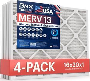 BNX 16x20x1 MERV 13 AC Furance Air Filter 4 Pack - MADE IN USA - Electrostatic Pleated Air Conditioner HVAC AC Furnace Filters - Removes Pollen, Mold, Bacteria, Smoke