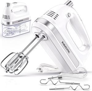 BAIGELONG Hand Electric Mixer, 300W Ultra Power Food Kitchen Mixer with 5 Self-Control Speeds + Turbo Boost, 5 Stainless Steel Attachments Handheld Mixer for Baking, White