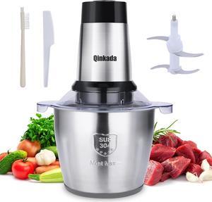 Electric Meat Grinder, Qinkada 500W Food Processor 3.5L Chopping Meat, 14Cup Large Stainless Steel Electric Food Chophper with 4 Sharp Blades 3 Rotating Speed Levels and Spatula