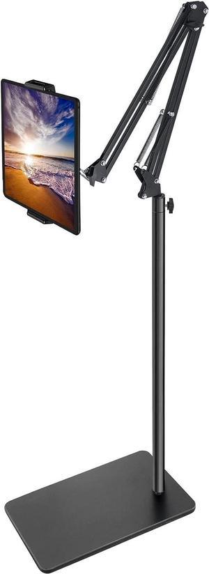 Tablet Floor Stand with Double Weight Base, Overhead Bed Phone Mount Height Adjustable Arm Stretchable Stand Holder, Compatible with iPad Mini Air Pro, Galaxy Tab, Kindle, Switch, Cell Phones-Black