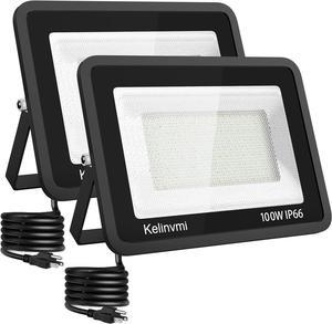 KELINVMI 2 Pack 100W LED Flood Light Outdoor, 10000lm LED Work Lights with US Plug, 4200K Daylight White, IP66 Waterproof Plug in Flood Light for Garage, Porch, Backyard, Garden, Playground