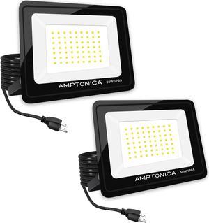 Amptonica LED Flood Light, 50W 5000lm Waterproof Outdoor Floodlights with Plug, 5000K Daylight White Exterior Flood Light, 300W HPS Equivalent LED Work Light for Garden, Yard, Garage, Porch, 2 Pack