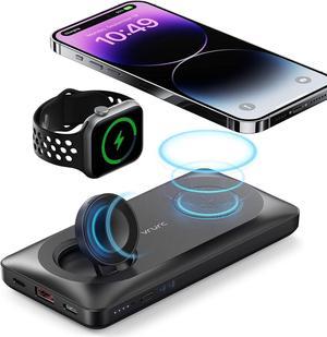 Magnetic 3 in 1 Wireless Charger for Apple Watch & iPhone, VRURC 10000mAh Portable Power Bank 20W Fast Charing Battery Pack Compatible with iPhone 15 14 Pro Plus Max, Apple Watch, AirPods Pro/2,Black