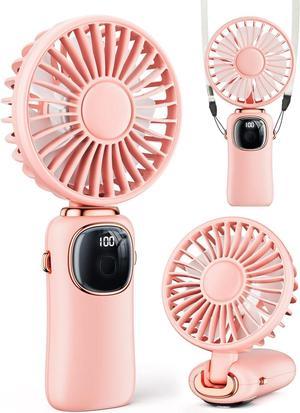 coldSky Portable Handheld Fan, 4000mAh Battery Operated 3 in 1 Multifunction Personal Travel Fan with Digital Display, 90° Foldable Desk Fan with Base, 5 Speed Lash Fan for Makeup/Office (Pink)