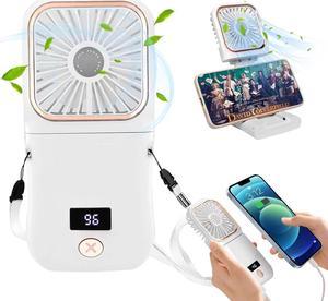 FINEDAYS Portable Handheld Personal Necklace folding fan 3000mAh Power Digital display Can hang neck, phone stand, handheld 180 ° wide angle blowing wind 3 Speeds Power Rechargeable Fan (White)