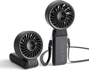 JISULIFE Handheld Fan Life7,2024 Powerful Portable Fan with LED Display,19.5Hrs Max Cooling,5000mAh,150°Folded,5 Speeds,Lanyard; 3-IN-1 Hand/Desk/Neck Fan,Travel Essentials Gifts for Women,Men(Black)