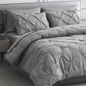 Maple&Stone Queen Comforter Set 7 Pieces Pinch Pleat Bed in A Bag, Grey Comforter Queen Sets Pintuck with Comforter Sheets Pillowcases & Shams, Gray Bedding Comforter Sets for Queen Size Bed