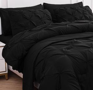 Queen Comforter Set - Beddding Sets Queen Black 7 Pieces Pintuck, Black Bed in A Bag with Comforters, Sheets, Pillowcases & Shams, Kids Bedding Set