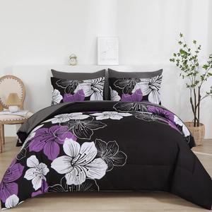 Luxudecor Floral Comforter Set Queen Size, 7 Pieces Bed in a Bag Purple Floral Comforter and Sheet Set, Soft Microfiber Complete Bedding Sets for All Seasons