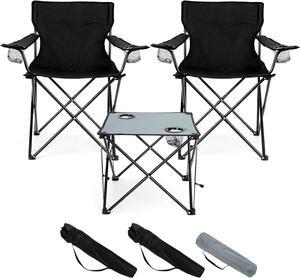 HaSteeL Folding Camping Chair Set of 3, Foldable Black Camp Chairs & Grey Table, Large Lawn Chair Portable for Adults Hiking, Fishing, Picnic, Outdoor BBQ, Travel, Sports, Cup Holders & Storage Bags