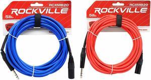 2   20' Male REAN XLR to 1/4'' TRS Balanced Cable Red and Blue