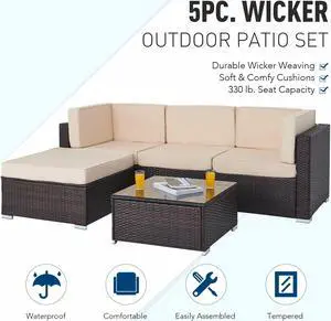 5pc Outdoor Set Wicker Sectional Sofa Chairs Love Seats and Table Walnut  Beige