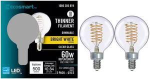 60Watt Equivalent G165 Dimmable Fine Bendy Filament LED Vintage Edison Light Bulb Bright White 2Pack EcoSmart  1006305819  G165C7E12830S