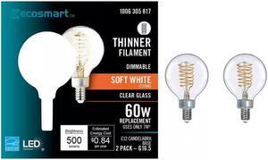 60Watt Equivalent G165 Dimmable Fine Bendy Filament LED Vintage Edison Light Bulb Soft White 2Pack EcoSmart  1006305817  G165C7E12827S