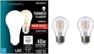 40Watt Equivalent A15 Dimmable Fine Bendy Filament LED Vintage Edison Light Bulb Warm White 2Pack EcoSmart  A15C6E26822S  1006299613