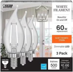60-Watt Equivalent BA10 E12 Candelabra Dim White Filament Clear Glass Chandelier LED Light Bulb Soft White 2700K(3-Pack)
Feit Electric # CFC60927CAWFILHDRP/3 # 1008779083