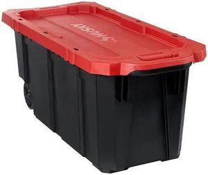 45 Gal. Latch and Stack Tote with Wheels in Black with Red Lid