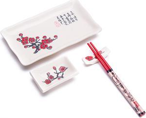 4 Pcs Japanese Sushi Plate Dinnerware Set White With Plum Blossom Design