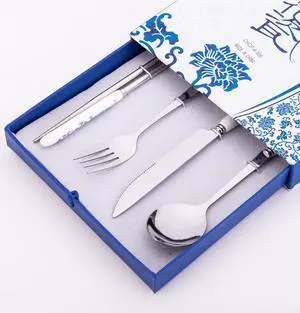 4 Pcs Elegant Oriental Inspiration Silverware Stainless Steel Chopsticks, Fork, Knife & Spoon Set In Gift Box
