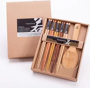 5 Pairs Natural Wood Chopsticks and 1 Moso Bamboo Rice Paddle Gift Set