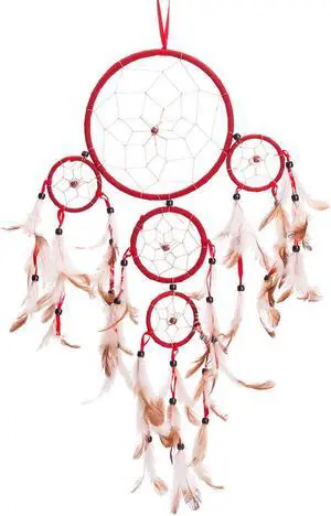 THY COLLECTIBLES 22" Traditional Red Dream Catcher with Feathers Wall or Car Hanging Ornament 5 Circles