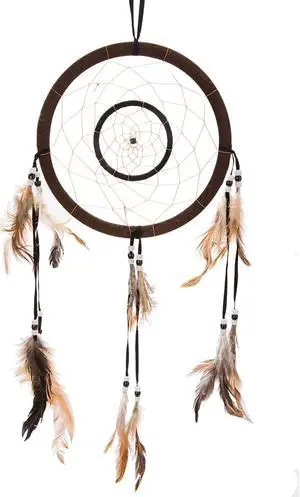 THY COLLECTIBLES 21" Traditional Brown Dream Catcher with Feathers Wall or Car Hanging Ornament Double Circles